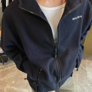 MIUMIU Solid Color Fleece Hooded Zip-Up Sweatshirt